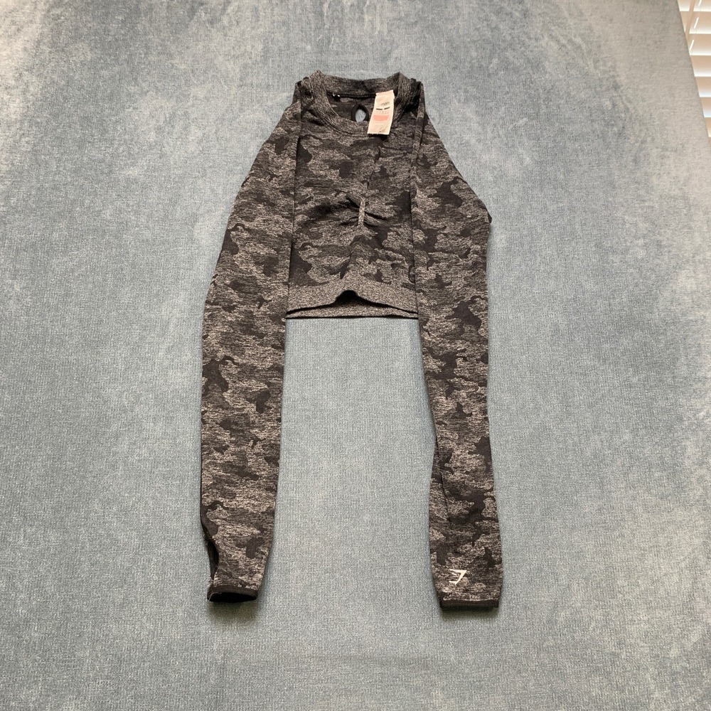 Gymshark Cropped Top Womens Medium Gray Camouflage Crew Neck Training Stretch